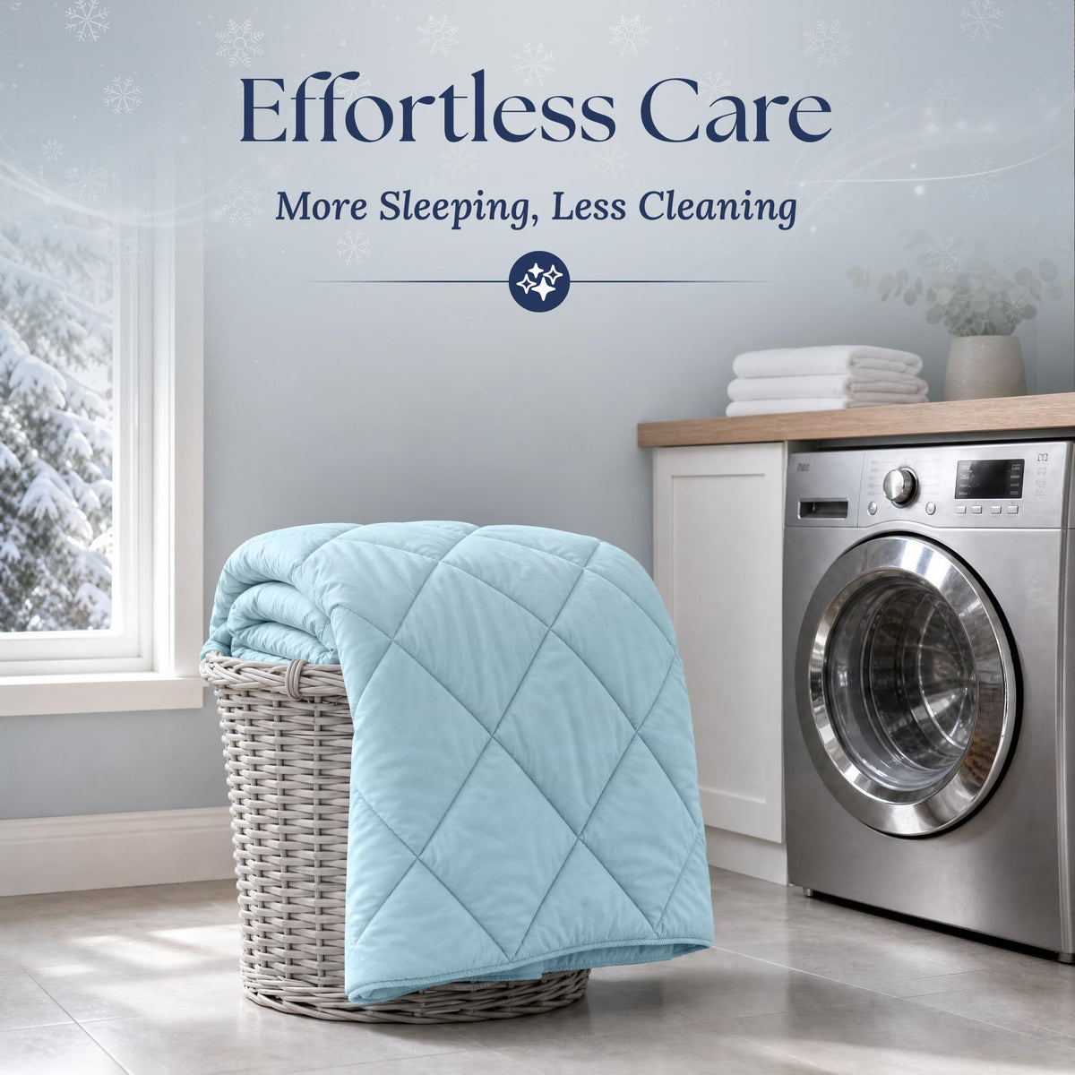Light blue quilted comforter draped over a wicker laundry basket beside a washing machine. Graphic reads "Effortless Care".