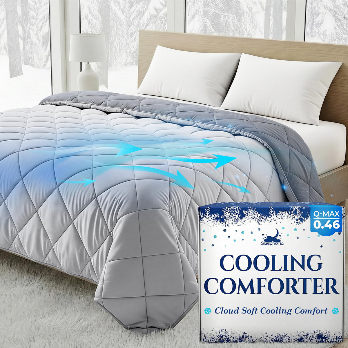 Light gray quilted comforter on a bed with white pillows, blue airflow arrows and Sleephoria Cooling Comforter packaging.