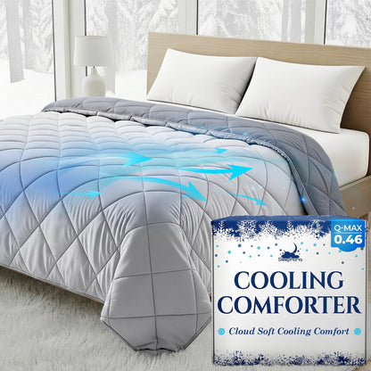 Light gray quilted comforter on a bed with white pillows, blue airflow arrows and Sleephoria Cooling Comforter packaging.