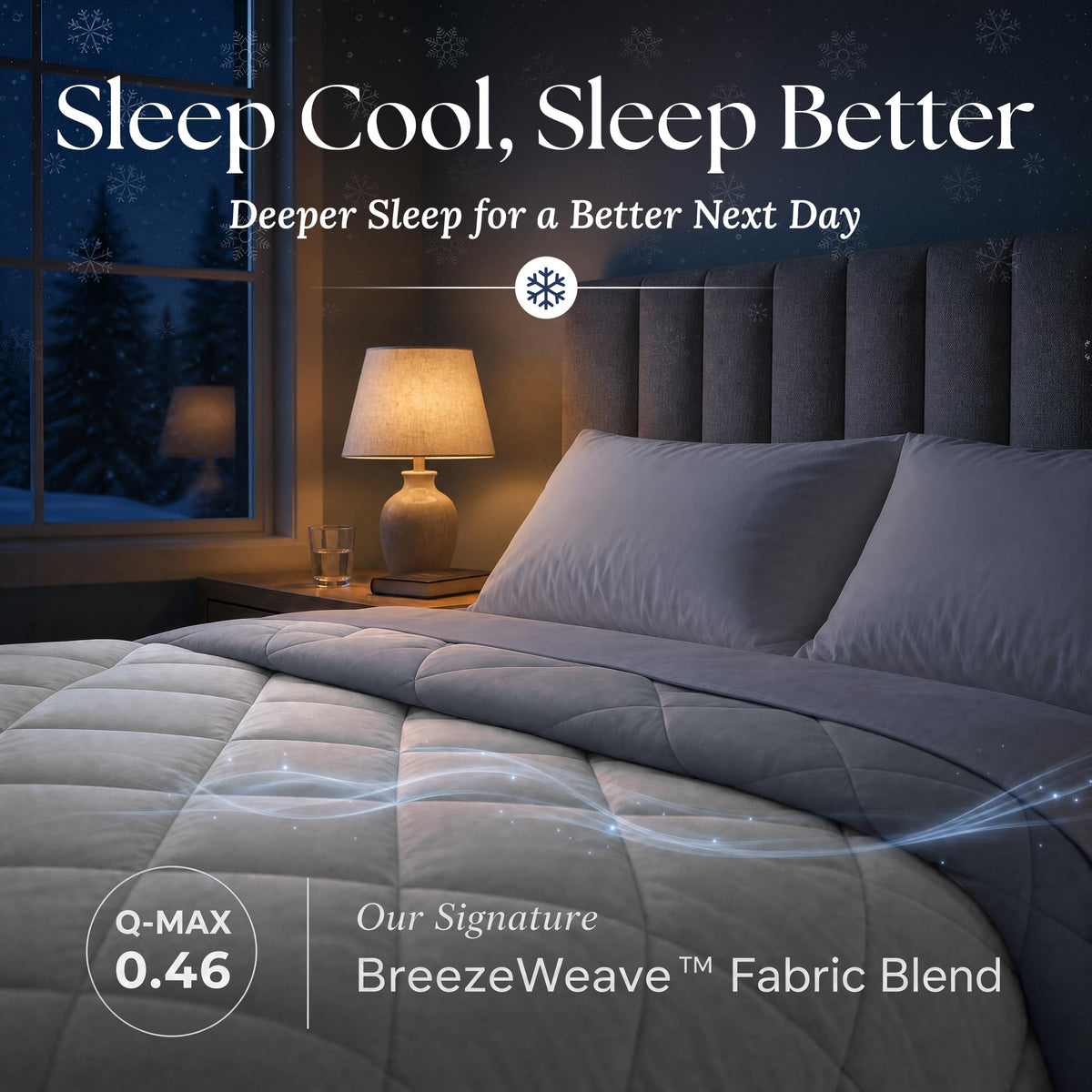 Light gray comforter on a bed at night with a dark gray folded edge. Graphic labels: BreezeWeave fabric blend and Q-MAX 0.46.