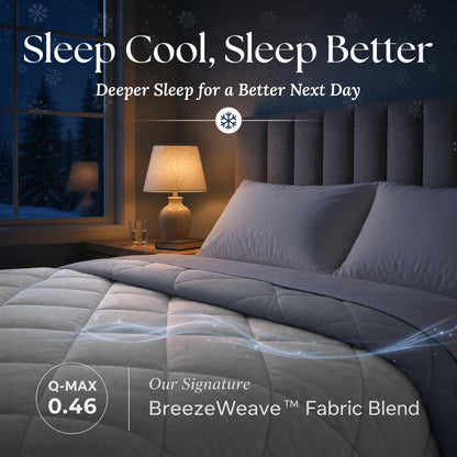 Light gray comforter on a bed at night with a dark gray folded edge. Graphic labels: BreezeWeave fabric blend and Q-MAX 0.46.
