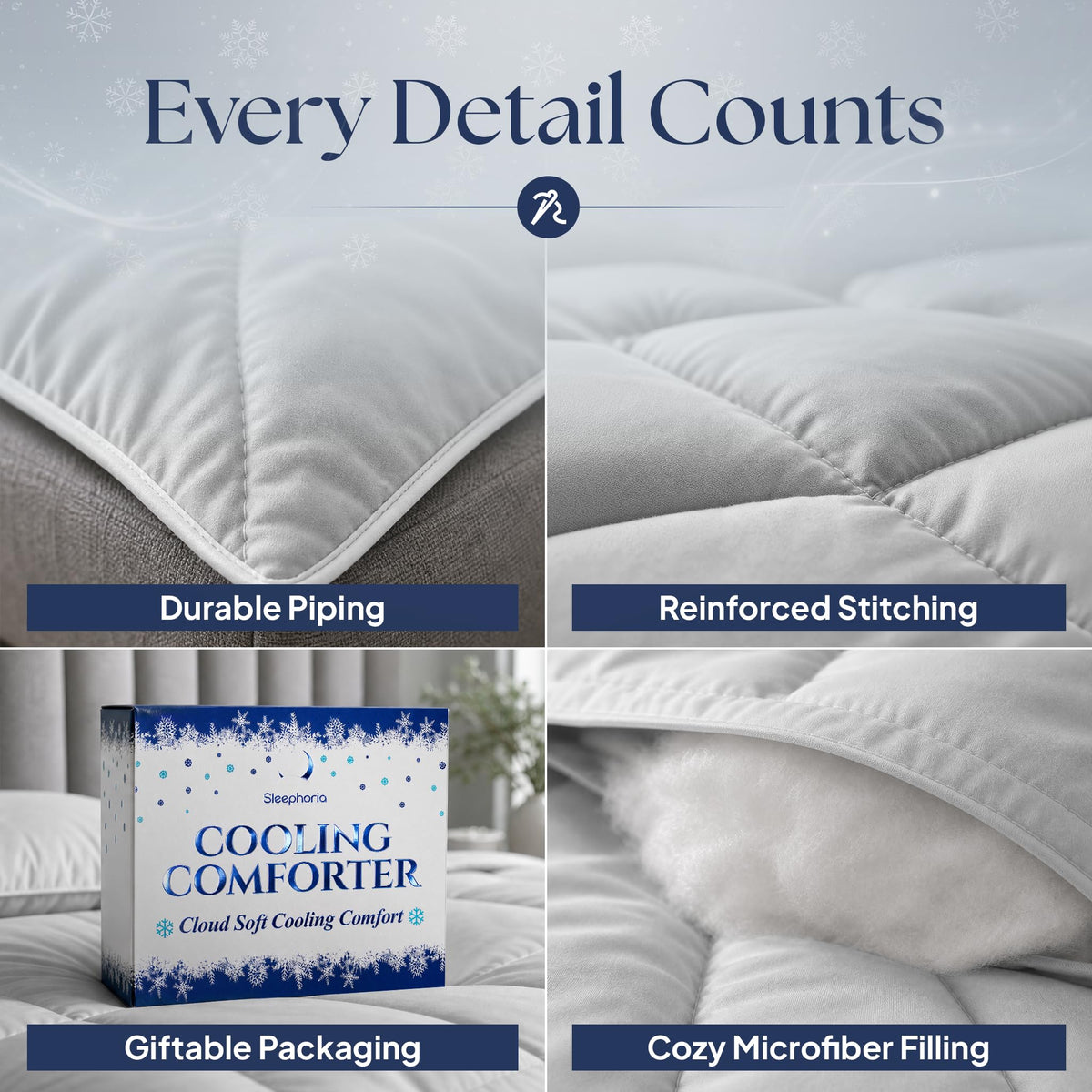 Light gray comforter detail collage: edge piping, reinforced stitching, Cooling Comforter packaging and exposed white filling.