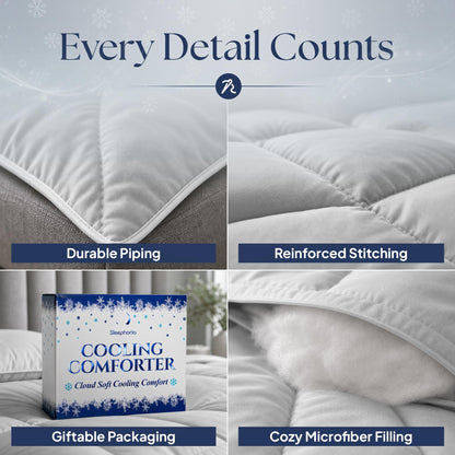 Light gray comforter detail collage: edge piping, reinforced stitching, Cooling Comforter packaging and exposed white filling.