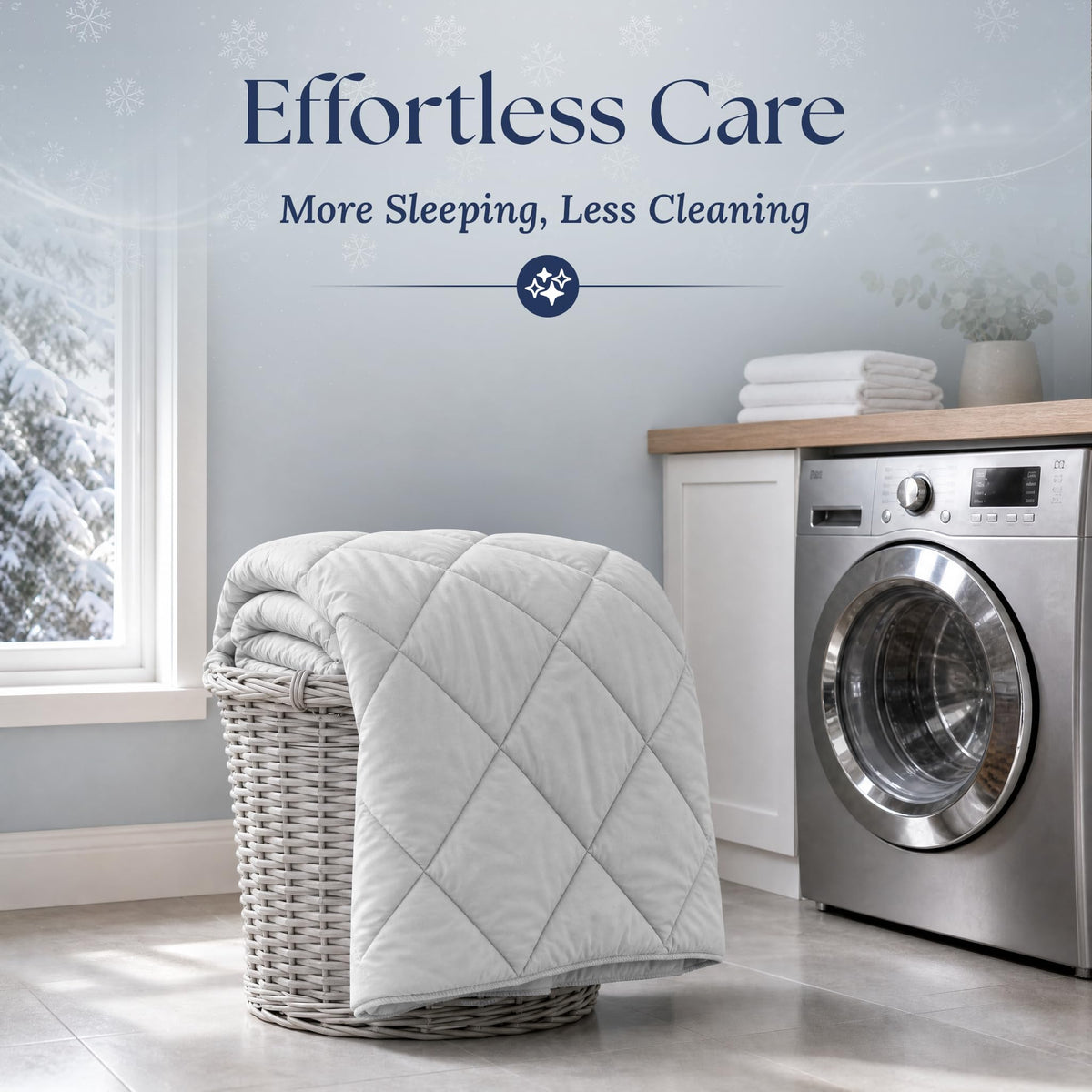 Light gray quilted comforter draped over a wicker laundry basket beside a washing machine. Graphic reads "Effortless Care".