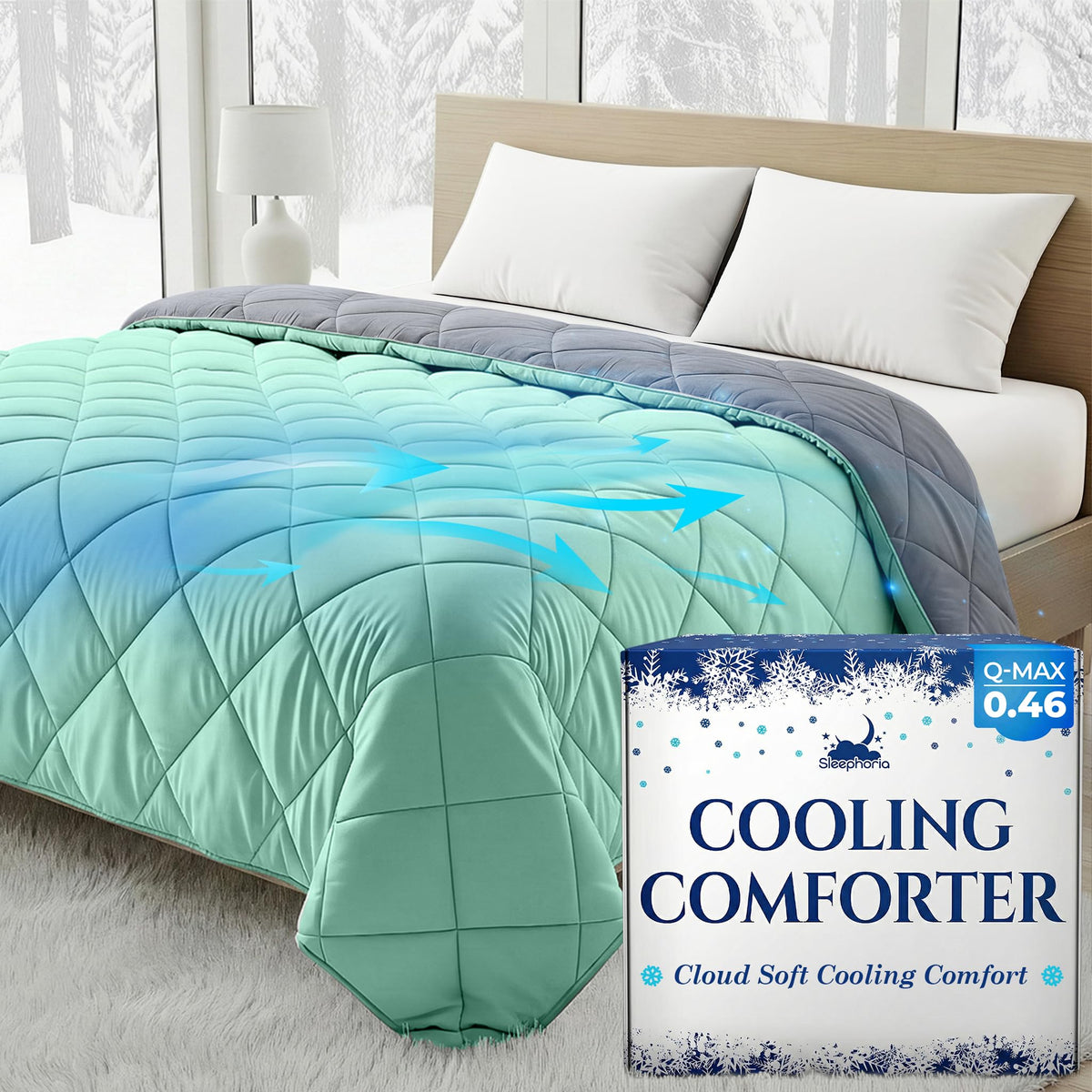 Mint green quilted comforter on a bed with white pillows, blue airflow arrows and Sleephoria Cooling Comforter packaging.