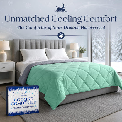 Mint green quilted comforter with a gray reverse on a gray upholstered bed, beside Sleephoria packaging.