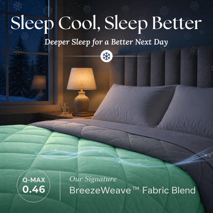 Mint green comforter on a bed at night with a gray folded edge. Graphic labels: BreezeWeave fabric blend and Q-MAX 0.46.