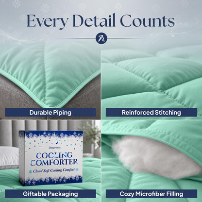 Mint green comforter detail collage: edge piping, reinforced stitching, Cooling Comforter packaging and exposed white filling.