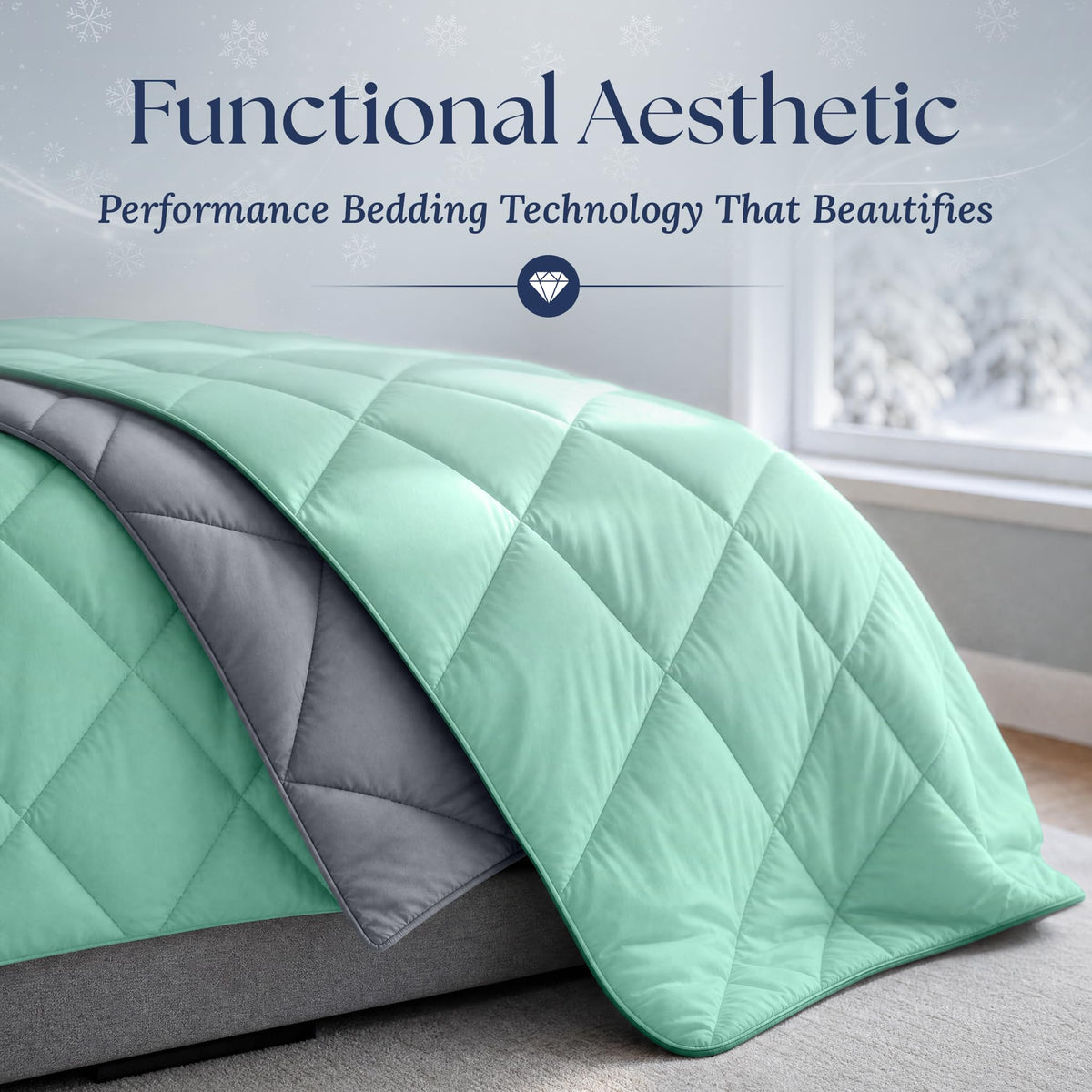 Close view of a mint green diamond quilted comforter draped over a bed, showing its gray reverse and piped edge.