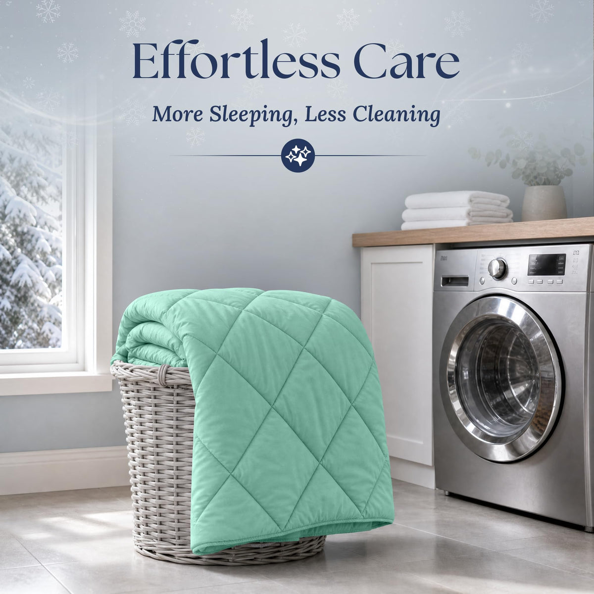 Mint green quilted comforter draped over a wicker laundry basket beside a washing machine. Graphic reads "Effortless Care".