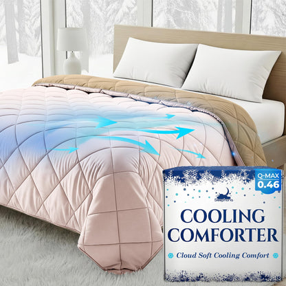 Blush pink quilted comforter on a bed with white pillows, blue airflow arrows and Sleephoria Cooling Comforter packaging.