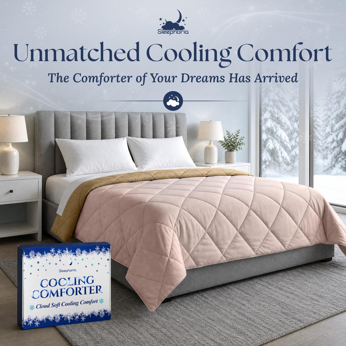 Blush pink quilted comforter with a tan reverse on a gray upholstered bed, beside Sleephoria packaging.