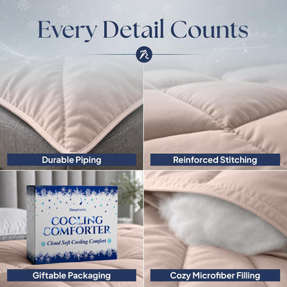 Blush pink comforter detail collage: edge piping, reinforced stitching, Cooling Comforter packaging and exposed white filling.