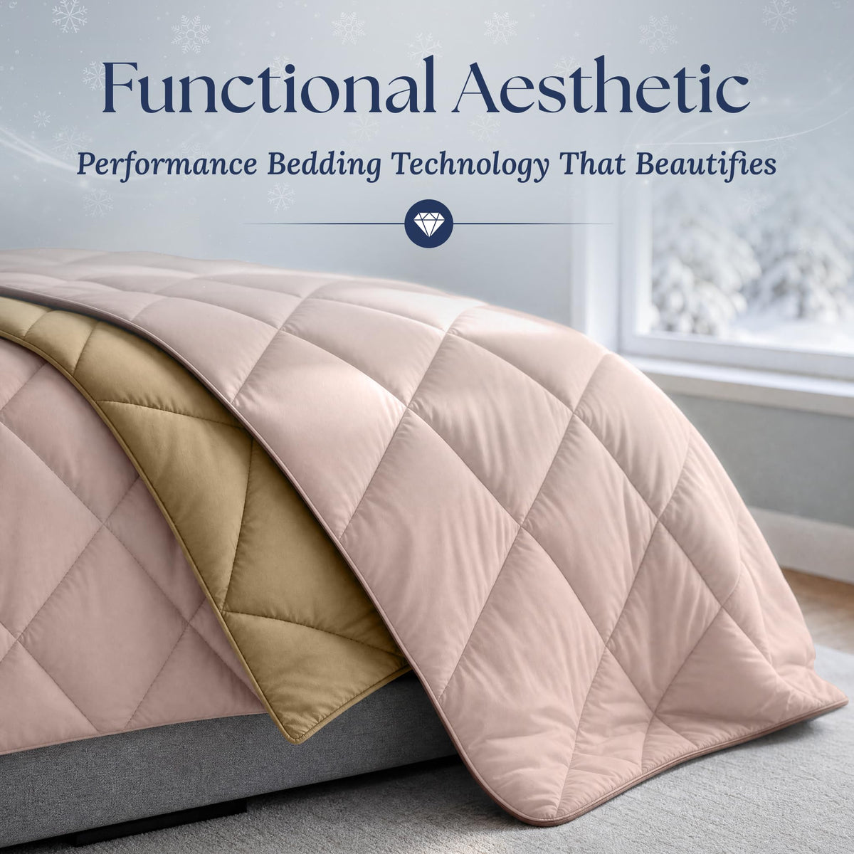 Close view of a blush pink diamond quilted comforter draped over a bed, showing its tan reverse and piped edge.