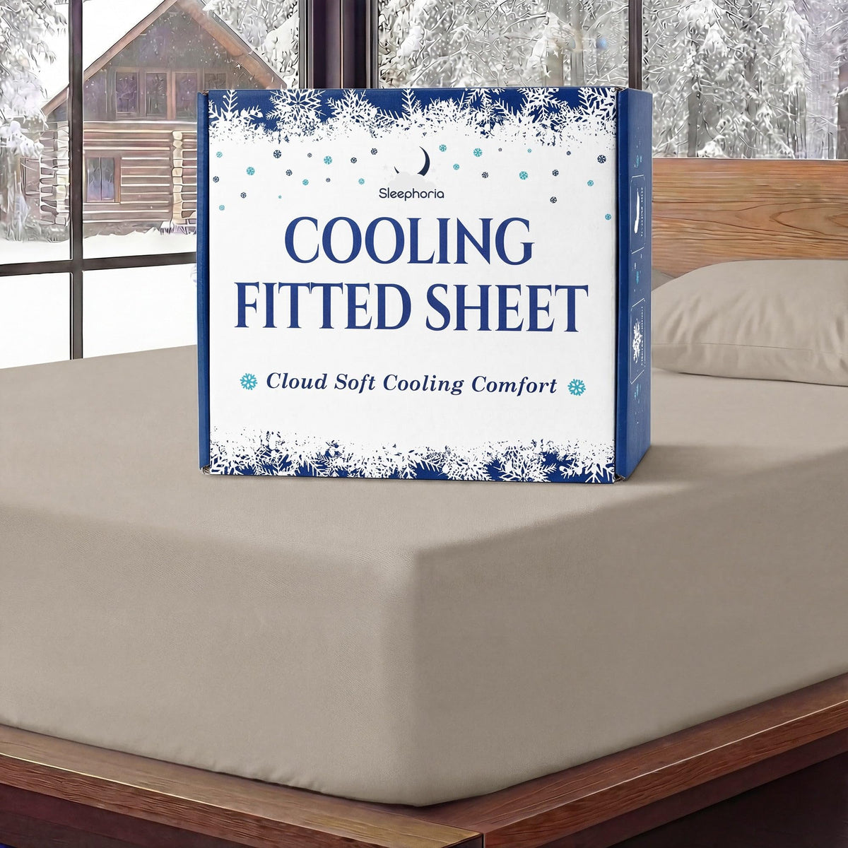 Sleephoria Cooling Fitted Sheet box standing on a beige fitted sheet, with matching pillows and snowy trees outside.