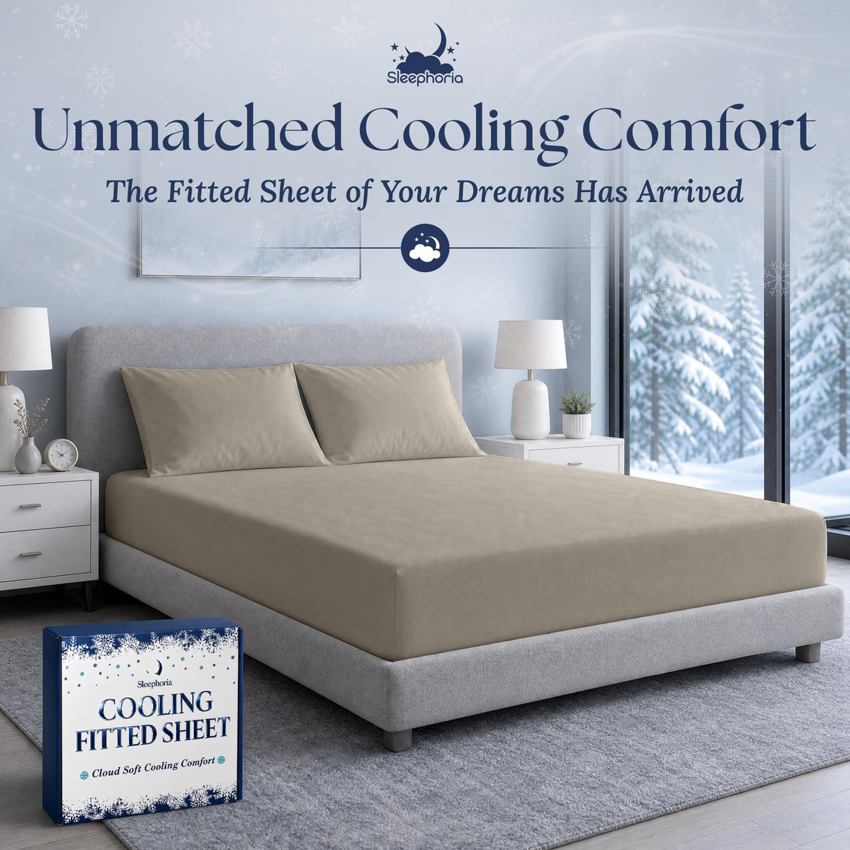 Beige fitted sheet pulled over a mattress with two matching pillows on a gray bed, beside Sleephoria packaging.