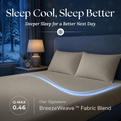 Beige fitted sheet and matching pillows in a dark bedroom, with a blue light trail and BreezeWeave and Q-MAX 0.46 labels.