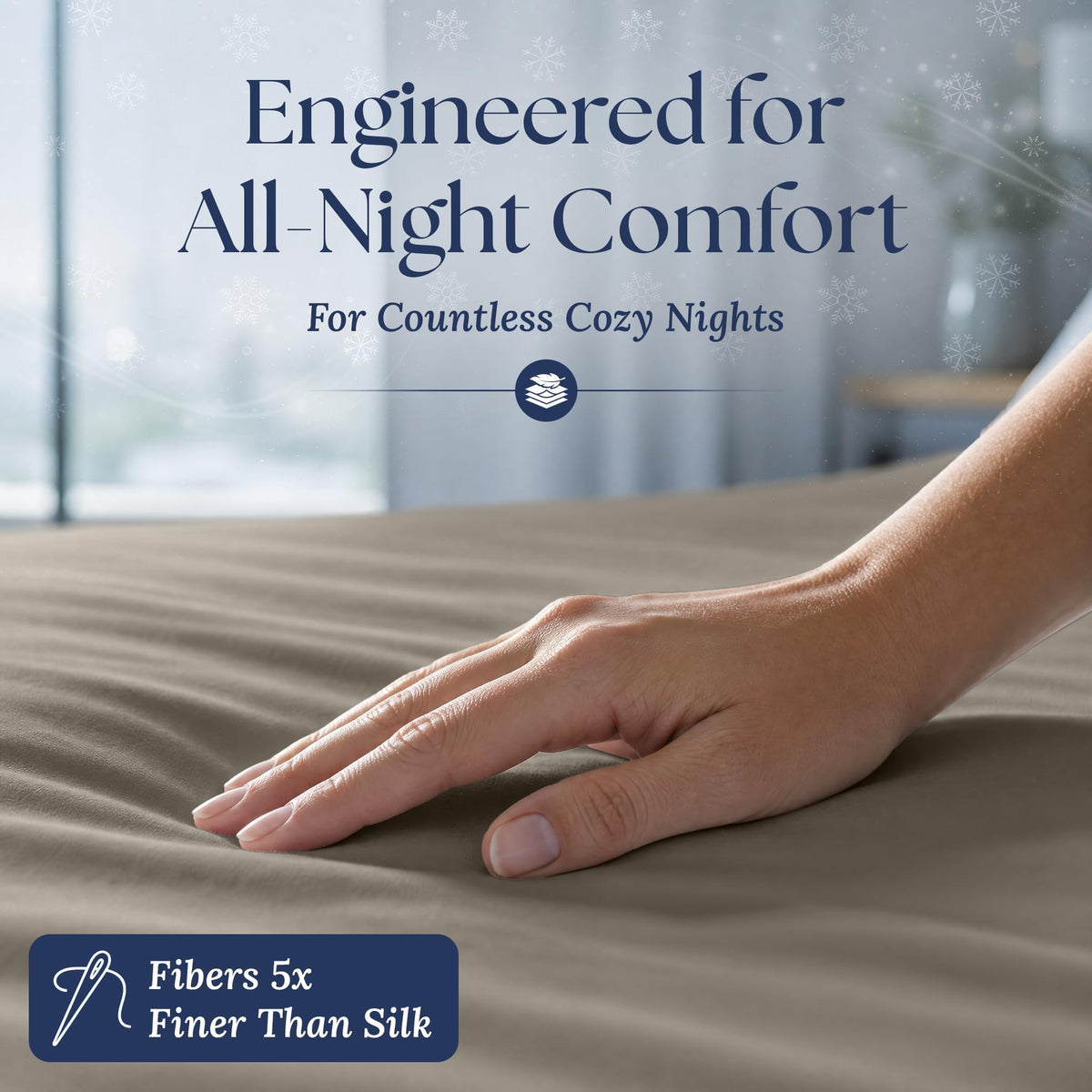 A hand smoothing a beige fitted sheet. The graphic reads "Fibers 5x Finer Than Silk".