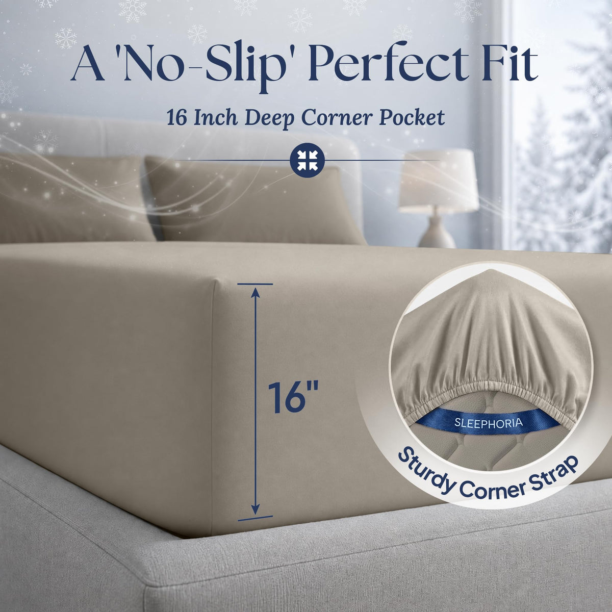 Beige fitted sheet corner marked 16 inches deep, with an inset showing the elastic edge and corner strap.