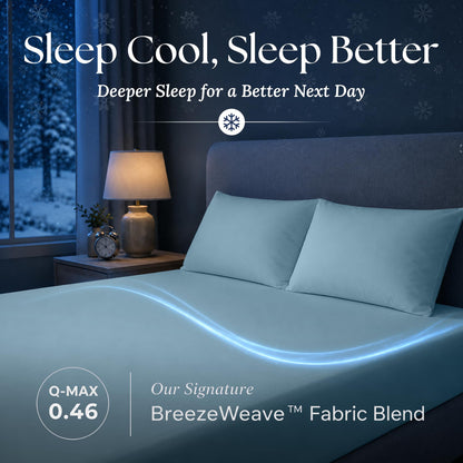 Light blue fitted sheet and matching pillows in a dark bedroom, with a blue light trail and BreezeWeave and Q-MAX 0.46 labels.