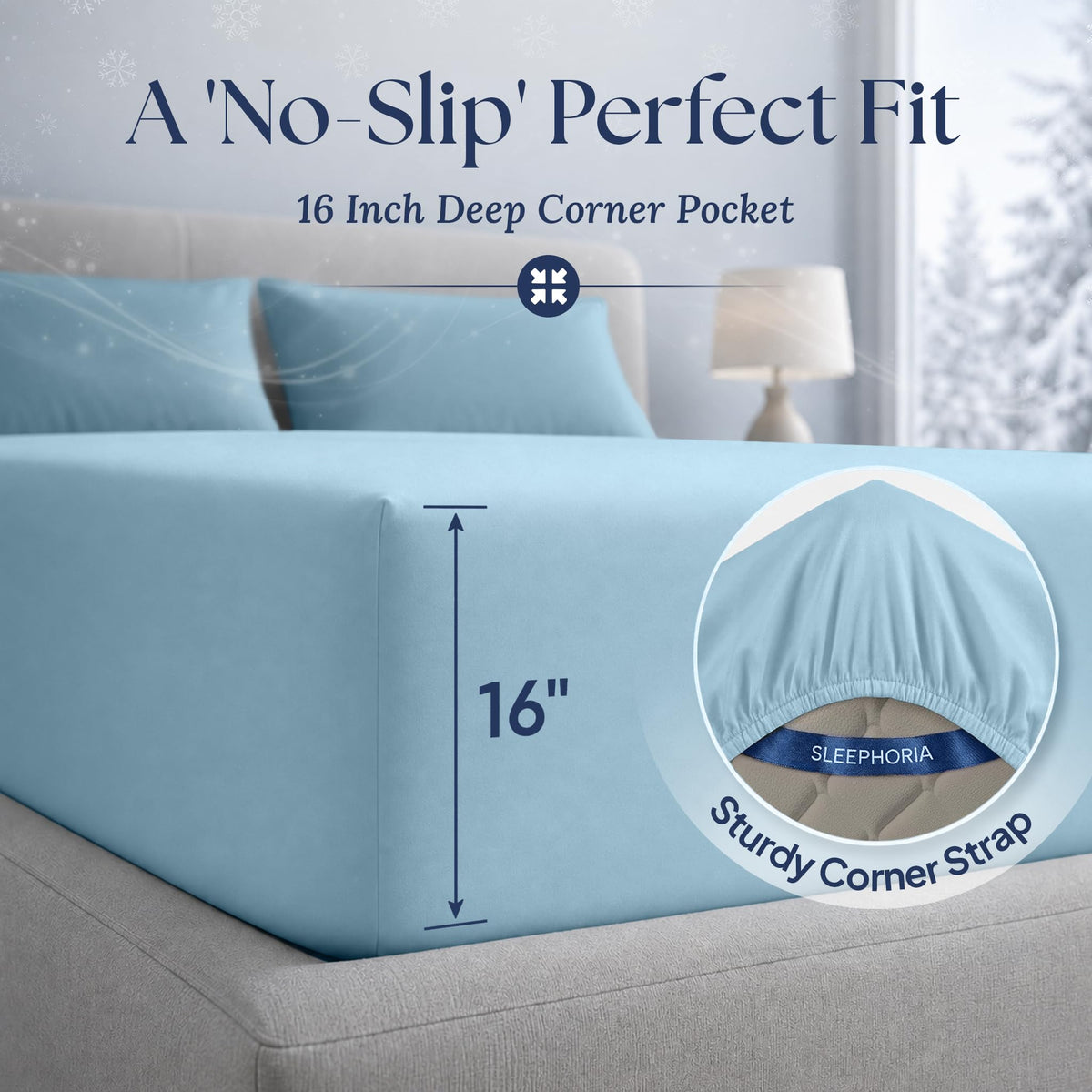 Light blue fitted sheet corner marked 16 inches deep, with an inset showing the elastic edge and corner strap.