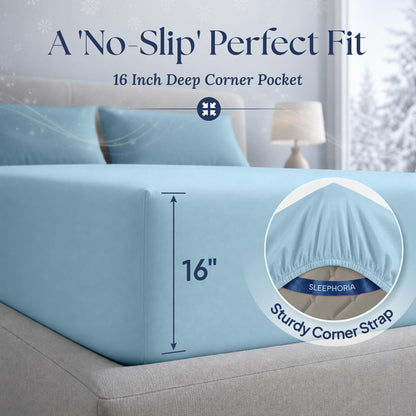 Light blue fitted sheet corner marked 16 inches deep, with an inset showing the elastic edge and corner strap.