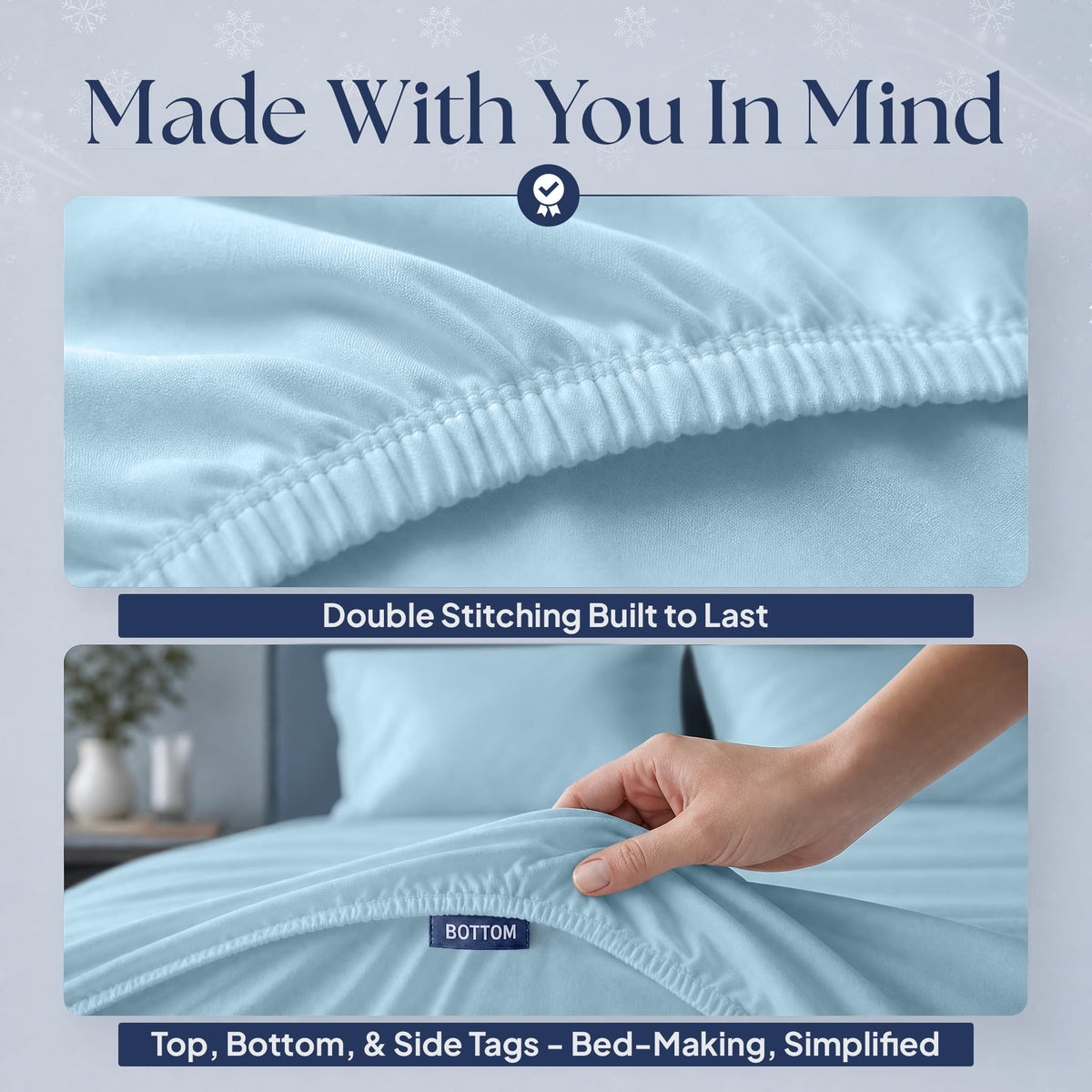 Light blue fitted sheet details showing double stitching along the elastic edge and a hand holding the "BOTTOM" orientation tag.