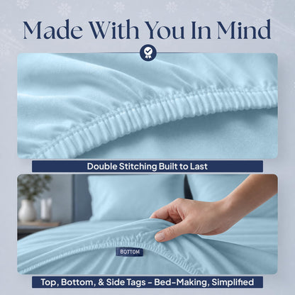 Light blue fitted sheet details showing double stitching along the elastic edge and a hand holding the "BOTTOM" orientation tag.