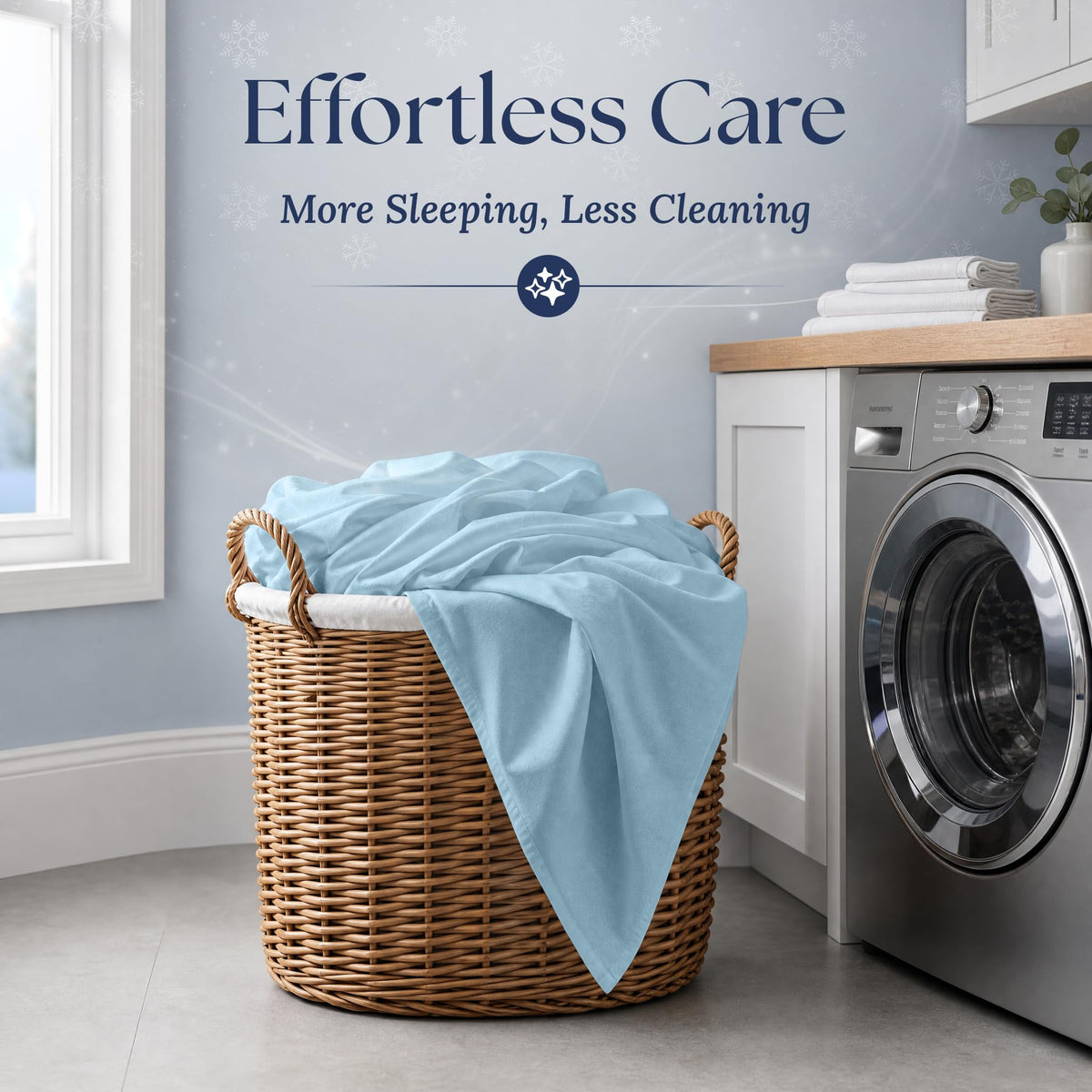 Light blue fitted sheet draped over a wicker laundry basket beside a washing machine. Graphic reads "Effortless Care".
