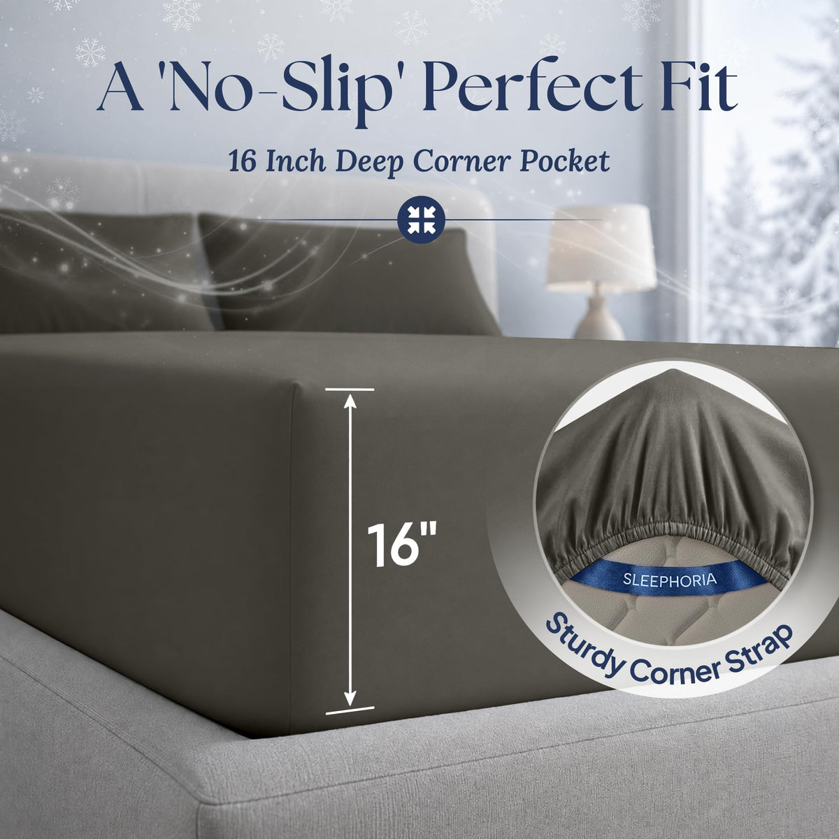 Warm gray fitted sheet corner marked 16 inches deep, with an inset showing the elastic edge and corner strap.