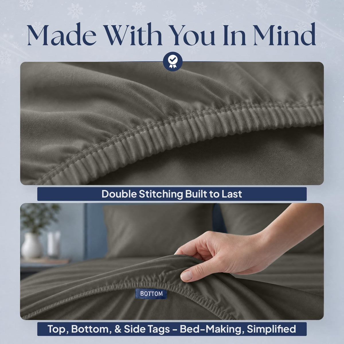Warm gray fitted sheet details showing double stitching along the elastic edge and a hand holding the "BOTTOM" orientation tag.