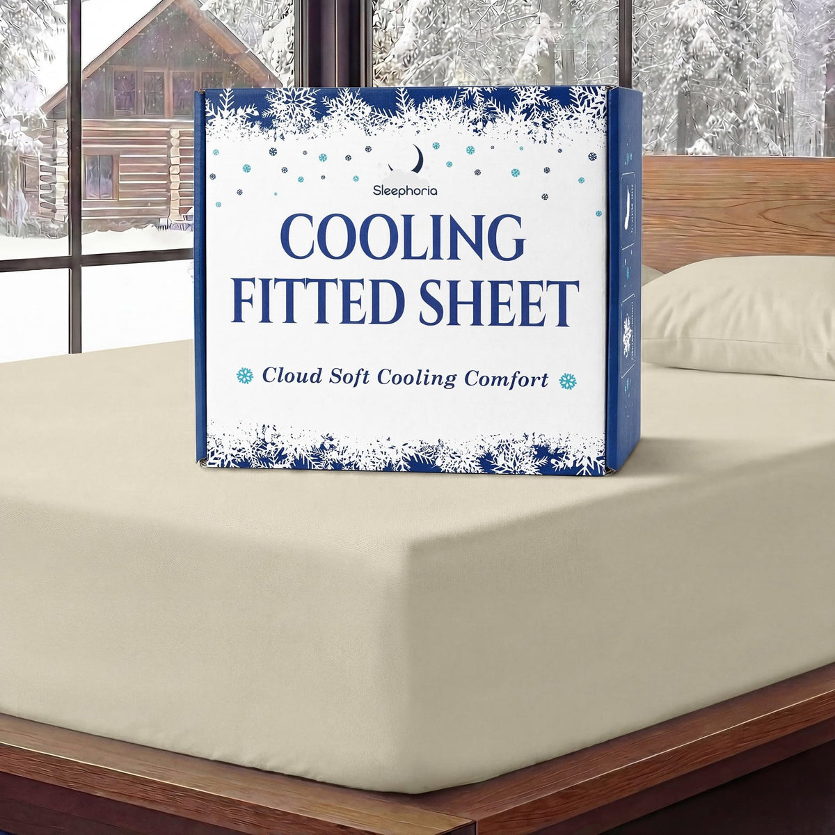 Sleephoria Cooling Fitted Sheet box standing on a cream fitted sheet, with matching pillows and snowy trees outside.