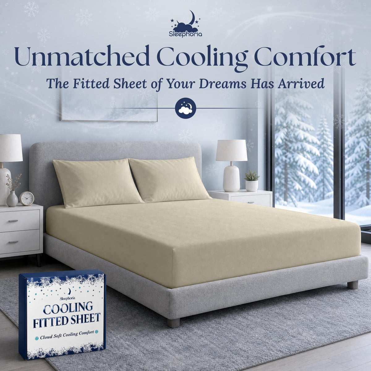 Cream fitted sheet pulled over a mattress with two matching pillows on a gray bed, beside Sleephoria packaging.