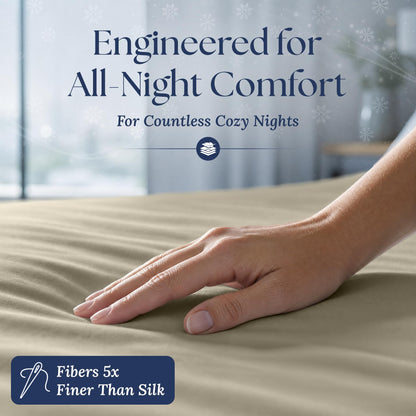 A hand smoothing a cream fitted sheet. The graphic reads "Fibers 5x Finer Than Silk".