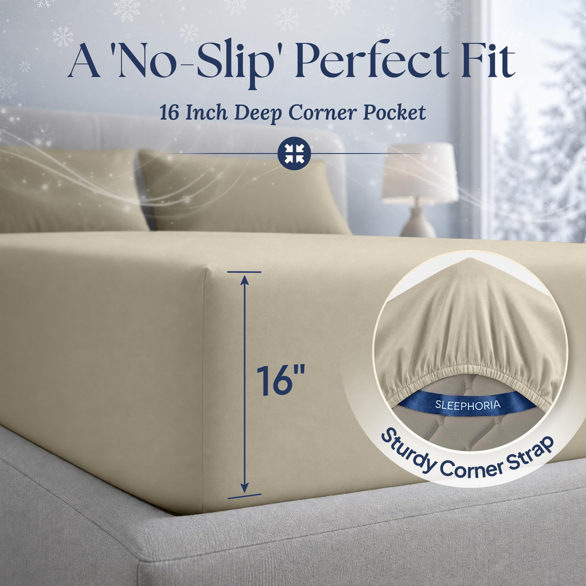 Cream fitted sheet corner marked 16 inches deep, with an inset showing the elastic edge and corner strap.