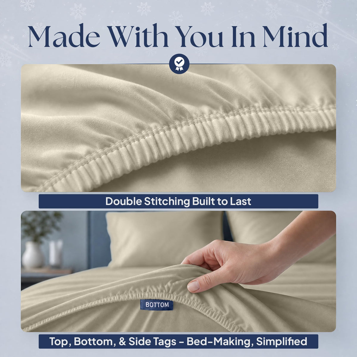 Cream fitted sheet details showing double stitching along the elastic edge and a hand holding the "BOTTOM" orientation tag.