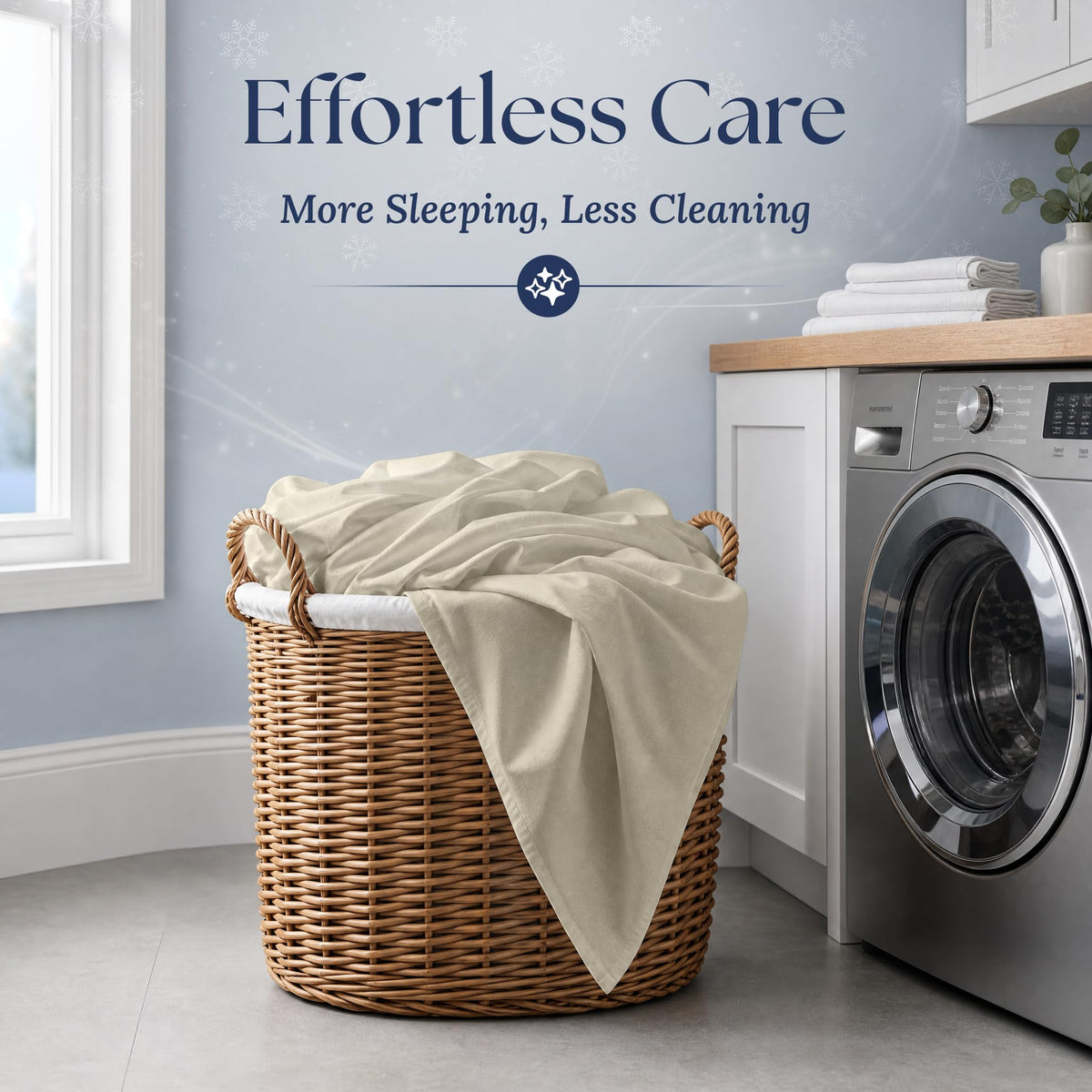 Cream fitted sheet draped over a wicker laundry basket beside a washing machine. Graphic reads "Effortless Care".