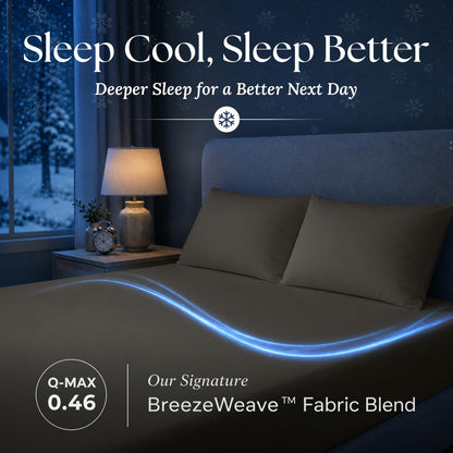Charcoal gray fitted sheet and matching pillows in a dark bedroom, with a blue light trail and BreezeWeave and Q-MAX 0.46 labels.