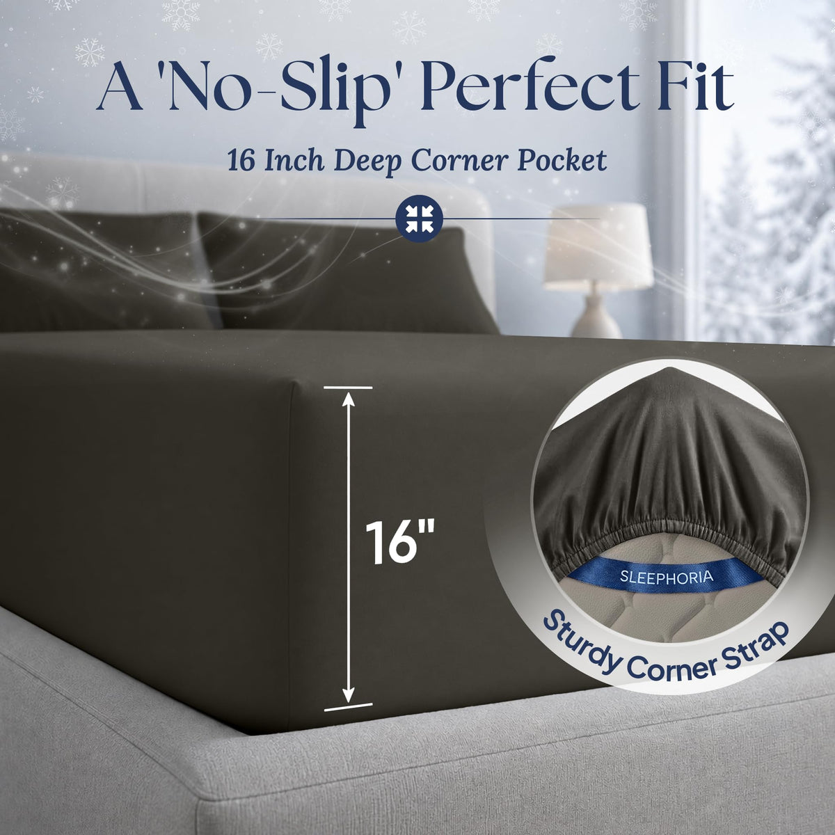 Charcoal gray fitted sheet corner marked 16 inches deep, with an inset showing the elastic edge and corner strap.