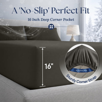 Charcoal gray fitted sheet corner marked 16 inches deep, with an inset showing the elastic edge and corner strap.