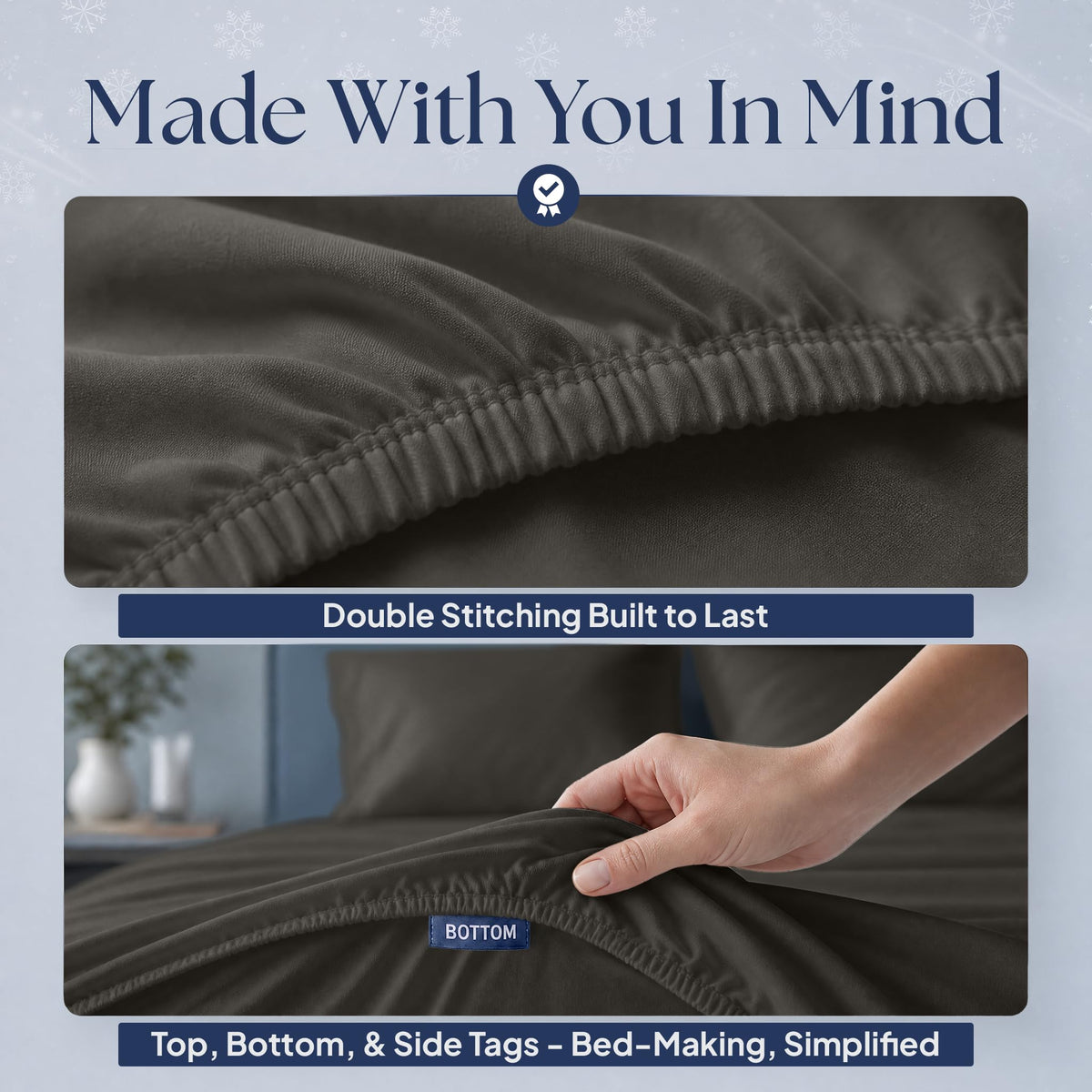 Charcoal gray fitted sheet details showing double stitching along the elastic edge and a hand holding the "BOTTOM" orientation tag.