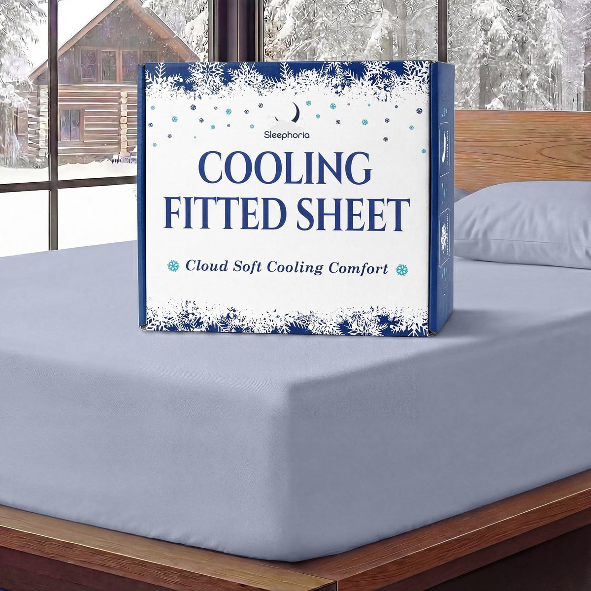 Sleephoria Cooling Fitted Sheet box standing on a pale blue gray fitted sheet, with matching pillows and snowy trees outside.