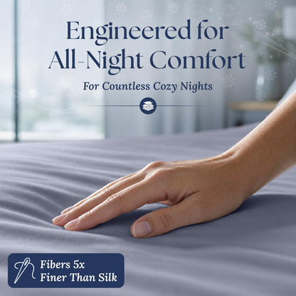 A hand smoothing a pale blue gray fitted sheet. The graphic reads "Fibers 5x Finer Than Silk".