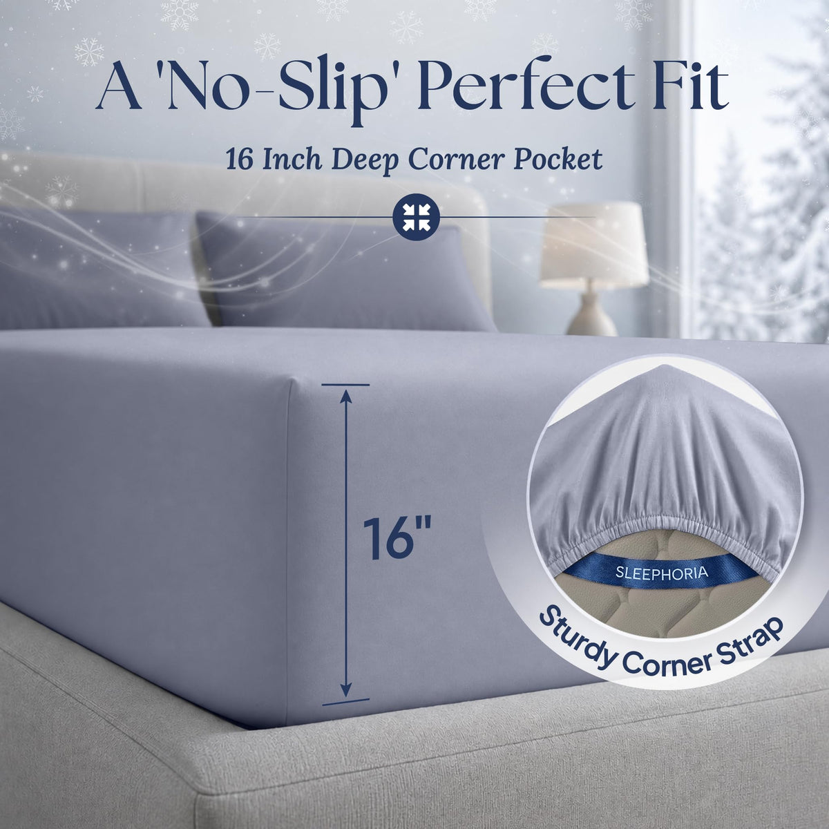 Pale blue gray fitted sheet corner marked 16 inches deep, with an inset showing the elastic edge and corner strap.