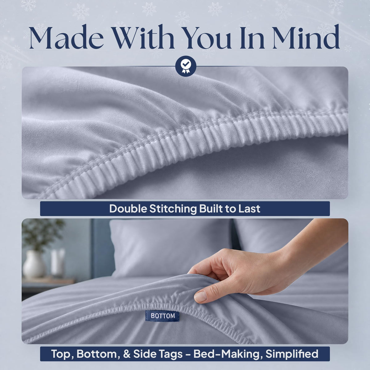 Pale blue gray fitted sheet details showing double stitching along the elastic edge and a hand holding the "BOTTOM" orientation tag.
