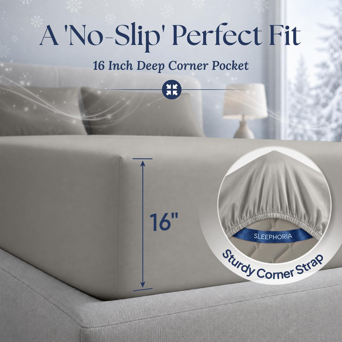 Light gray fitted sheet corner marked 16 inches deep, with an inset showing the elastic edge and corner strap.