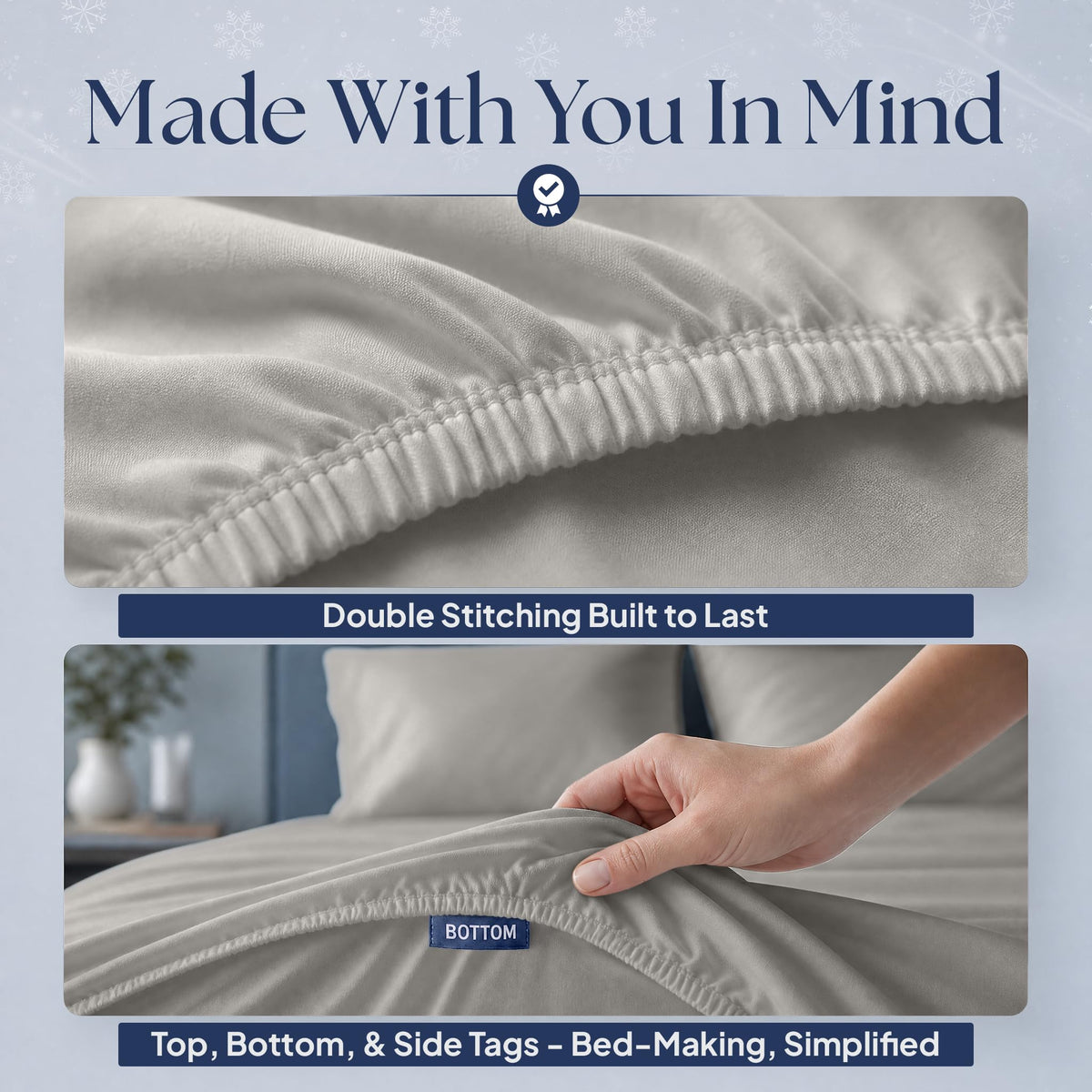 Light gray fitted sheet details showing double stitching along the elastic edge and a hand holding the "BOTTOM" orientation tag.