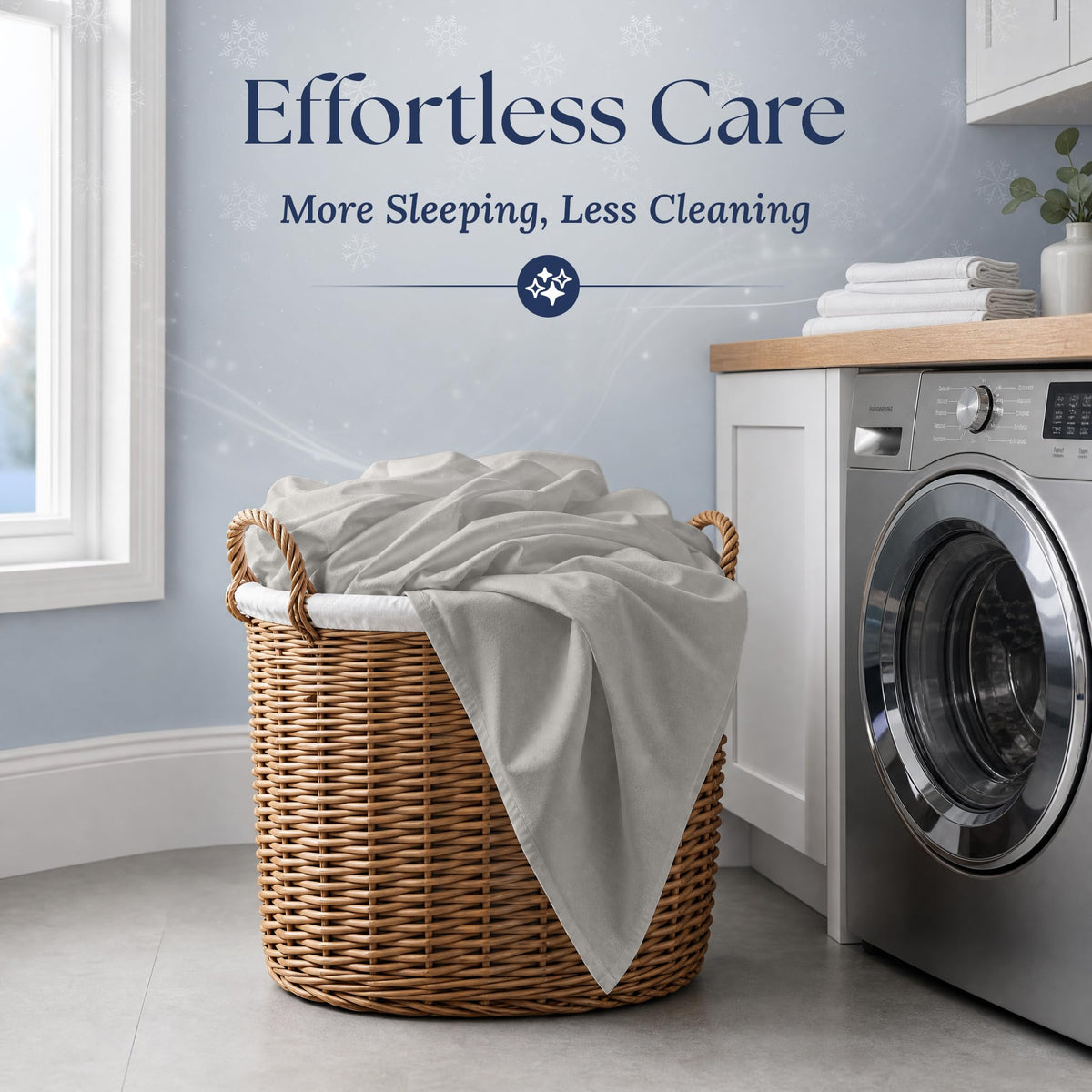 Light gray fitted sheet draped over a wicker laundry basket beside a washing machine. Graphic reads "Effortless Care".