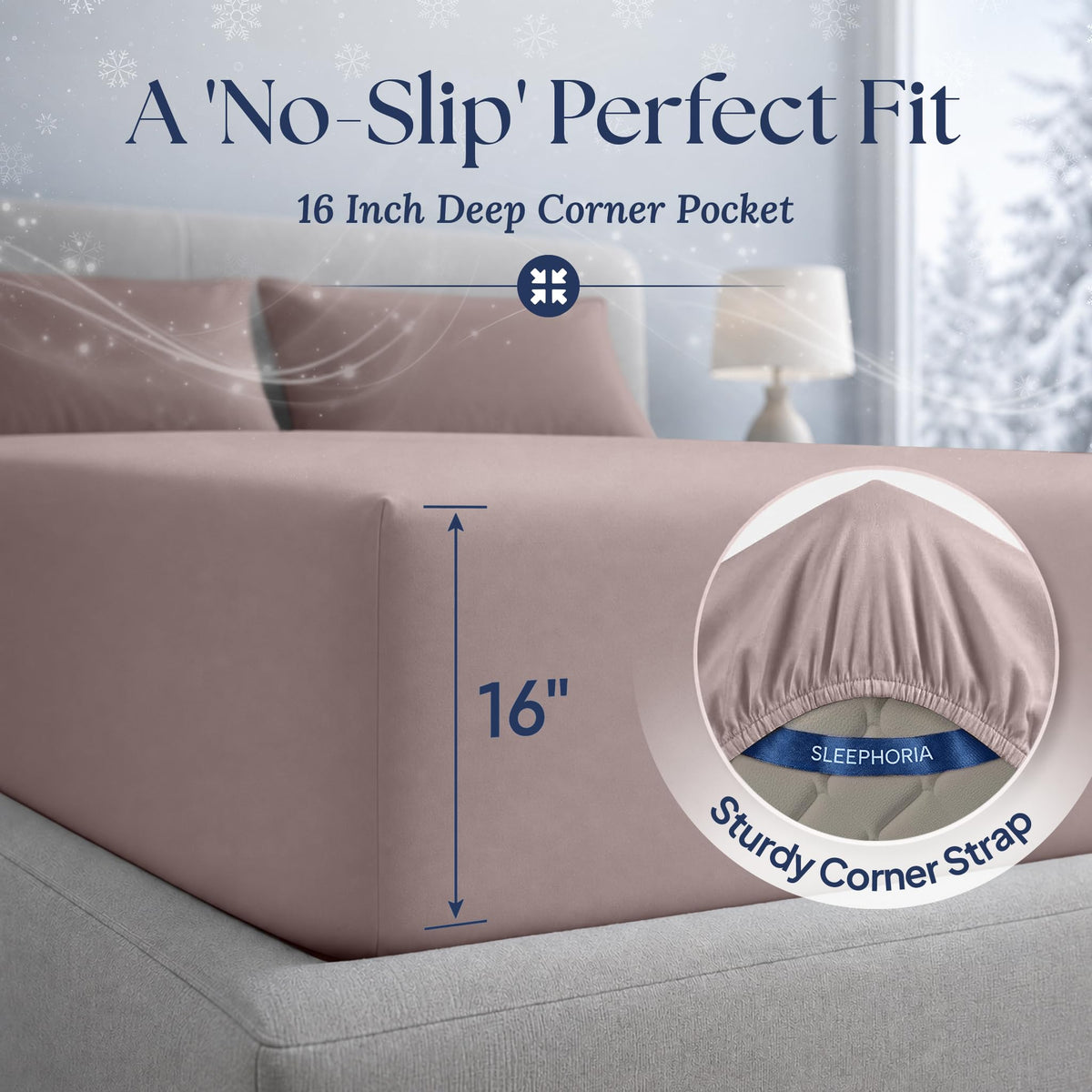 Blush pink fitted sheet corner marked 16 inches deep, with an inset showing the elastic edge and corner strap.