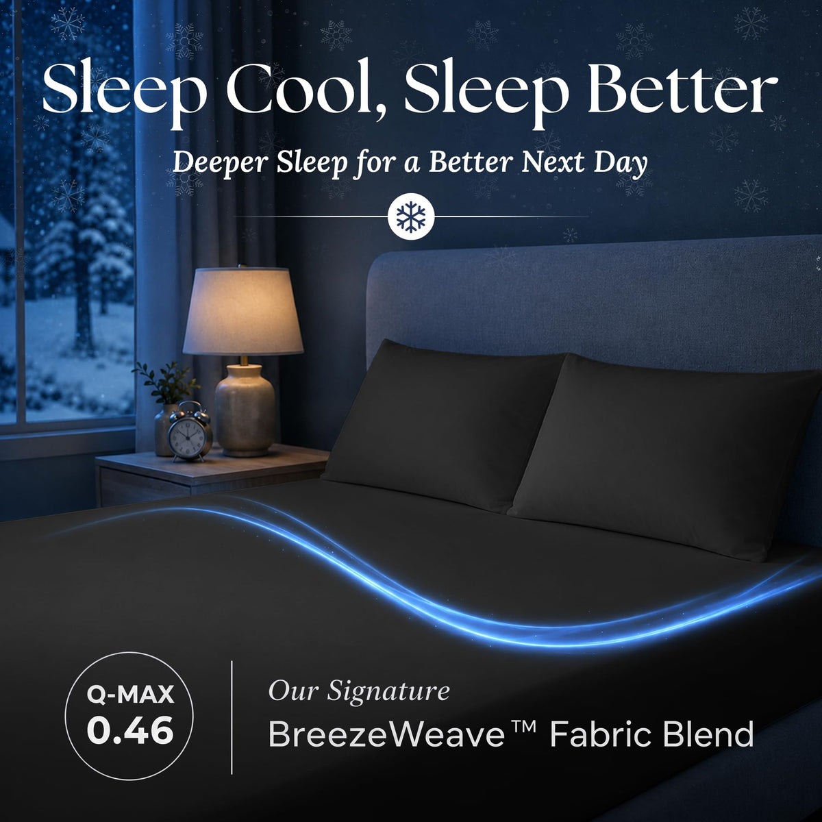 Black fitted sheet and matching pillows in a dark bedroom, with a blue light trail and BreezeWeave and Q-MAX 0.46 labels.